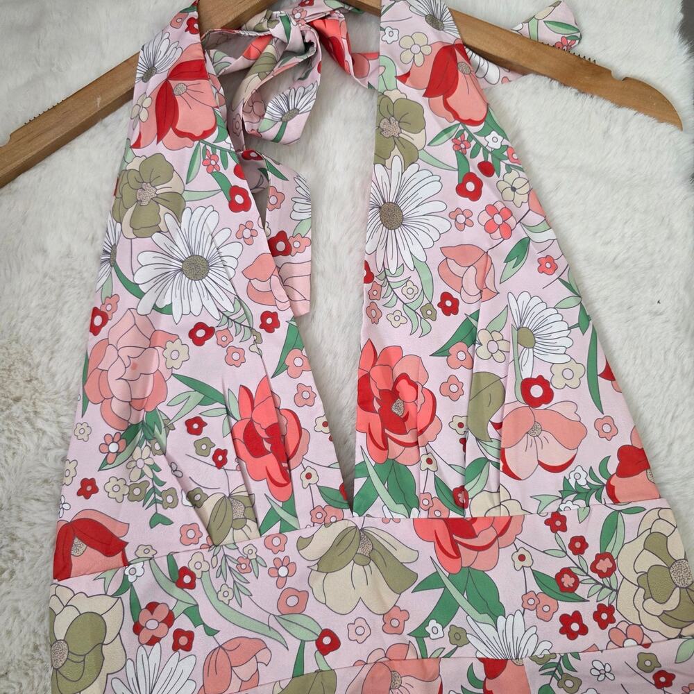 Clad & Cloth The Daisy Pink Floral Halter Open Back Retro Mini Dress Large NEW - Picture 7 of 13